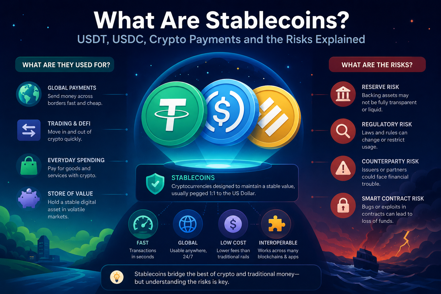 Illustration showing stablecoins, dollar peg, crypto wallet, blockchain network, USDT, USDC and risk warning icons